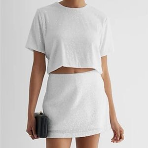 White Sequin Crop Top and Skirt Set